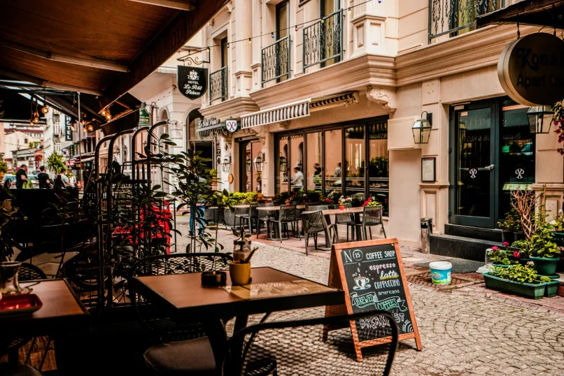 Cosy café with a cup of coffee and pastries